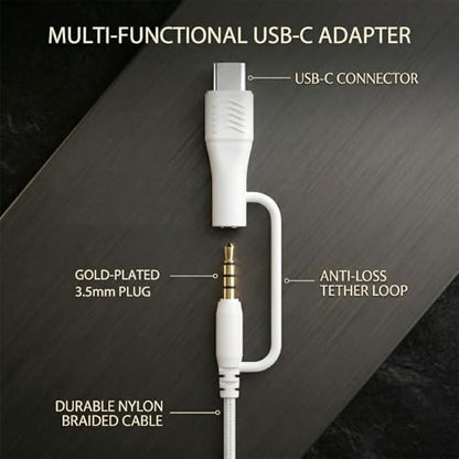 Wired Over-Ear Headphones, Mic, 3.5mm, USB-C Adapter, White | Over-ear comfort with inline mic, volume control, 3.5mm jack, and USB-C adapter for phones, laptops, PCs, and tablets. - color: White