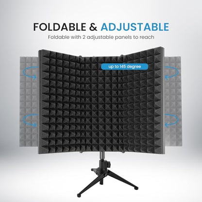 IDANCE Microphone Isolation Shield, 3 Panel Foldable Vocal Shield with Absorbent Foam for Mic Stand or Tabletop Use, Mic Isolation for Studio Recording, Podcasting, Voiceover