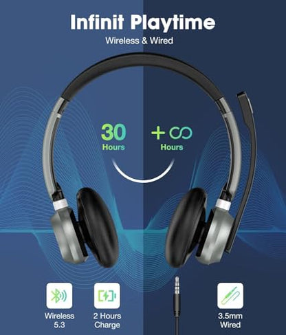 Wireless Headset with Microphone, 2025 New V5.3 Headset with USB Dongle, Computer Headphones QCC3034 CVC8.0 Noise Cancelling Technology & 30H Worktime, Mute Button for Home Office Skype