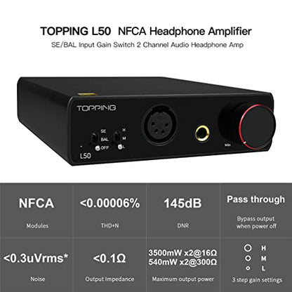 Topping L50 NFCA Headphone Amplifier, 3500mW x 3500mW HiFi SE/BAL Input Desktop Home Audio Amp 6.35mm 4 Pin XLR Iems Output Gain Switch 2 Channel Preamplifier (Silver)