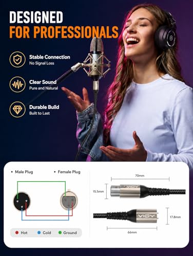VIOY XLR Microphone Cable 2 Pack 50 FT, Male to Female Balanced Mic Cord | Self-locking XLR plug, aluminum shell,3-pin Braided microphone extension cord for studio recording, mixer and podcast use - size: 50FT-2Pack
