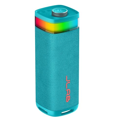 JLab, JBuds Party, Portable Bluetooth Speaker, Waterproof Outdoor Speaker, RGB Lighting, Multi-Speaker Connect, Cyan - color: Cyan