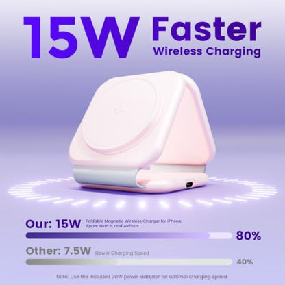 15W Magnetic Travel Charging Station, 3-in-1 Foldable MagSafe Charger | Wireless Charger for Apple Multiple Devices - iPhone Air 17 16 15 14 13 14 Pro Max, Watch & AirPods - Blush Pink - color: Blush Pink