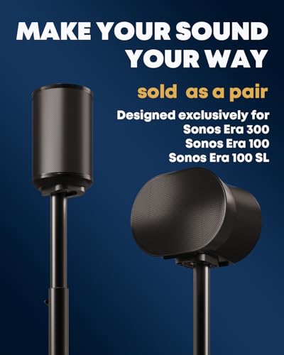 Speaker Stands for Sonos Era 100, 100 SL & Era 300 - Hidden Cable, 1 Pair | Sturdiness, Easy to Assemble, 29.1–39'' Height Adjustable, Two Base Mounting Options, Black, Max holds 11lbs(per one)
