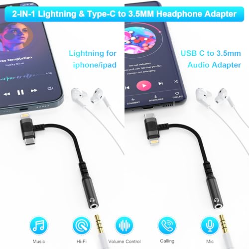 Lightning and USB C to 3.5mm Audio Adapter iphone 16 Headphone AdapterUSB-C iphone Aux adapter for Headphone Jack, Aux to USB C and Lightning Earbus Adapter for iPhone 16 15 14 13 ipad,Sanmsung, Pixel