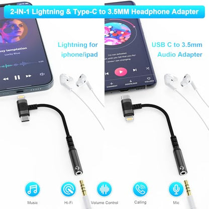 Lightning and USB C to 3.5mm Audio Adapter iphone 16 Headphone AdapterUSB-C iphone Aux adapter for Headphone Jack, Aux to USB C and Lightning Earbus Adapter for iPhone 16 15 14 13 ipad,Sanmsung, Pixel
