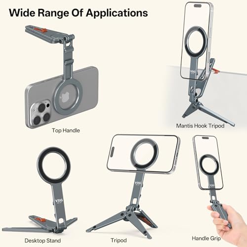 VRIG MG-34 Magnetic Tripod Stand for iPhone, Aluminium Alloy Foldable Phone Stand for Desk/Handheld, 1/4'' Screw Hole, Cold Shoe Mount and Hook, Compatible with iPhone 17 16 15 14 13 12 Series - size: MG-34 Tripod