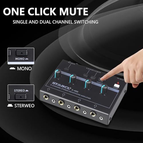 4 Channel Headphone Amplifier, Stereo/Mono Headphone Amp Splitter with 3.5mm,6.35mm,RCA Input. Four 3.5mm and 6.35mm Output. Studio Headphone Amplifier Mixer for Recording