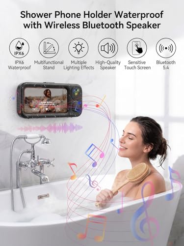 Shower Phone Holder IPX6 Waterproof with Wireless Bluetooth Speaker, 480 Rotation Phone Case Speakers for 4"- 7" Cell Phones, Hands-Free Shower Speaker, Wall Mounted Phoneholder for Mirror (Black) - color: Black
