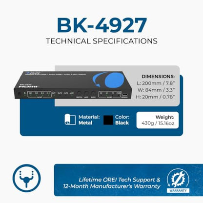 OREI 8K 4-Port HDMI Switch, HDMI Audio, 3.5mm, Optical, Dolby Atmos, DTS:X