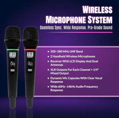 Pa System with Wireless Microphone and Speakers 12", 2000W | Built-in Amplifier w/6 Channel Audio Mixer System, Wireless UHF Microphone, 1000W Passive Speaker, Dual Tripod Stands - size: 12 inch