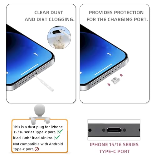 아이폰용 먼지 플러그 8개, VEINARDYL USB C 충전 포트 프로텍터 캡, 클리닝 브러시 10개, 헤드폰 잭 더스트 플러그 충전기 커버, 아이폰 15/16 플러스 프로 맥스 아이패드 10세대/에어-핑크와 호환 - color: 핑크