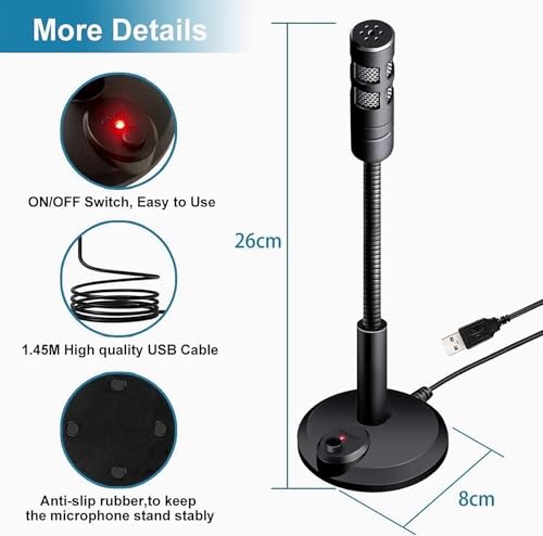 USB Computer Microphone,Plug and Play Desktop PC Laptop Microphone with Mute Button and LED Indicator for Streaming,Podcasting,Recording,Gaming,Skype,YouTube Mic for Mac or Window Black.