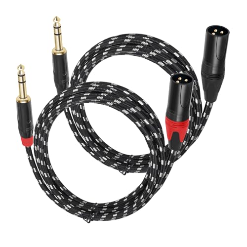 XLR Male to 1/4 (6.35mm) TRS Mono Jack Microphone Cable, 6.6 FT, 2 Pack, Black and White Grid Protective Layer, Balanced 3 Pin to Quarter inch TRS Plug, Pure Copper and Plated Conductors - size: 6.6 FT 2 Pack, style: B/W 6.35 to XLR male