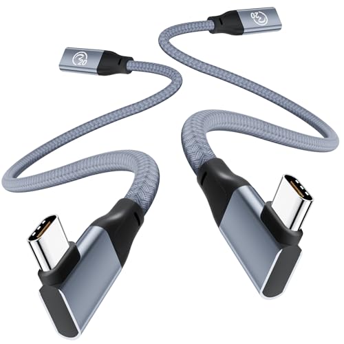 USB C Extension Cable Right Angle 1FT 2Pack, USBC 3.2 Female to Male Cable | 20Gbps Data Transfer, 4K@60Hz Video Output, 90 Degree Type C Extender for iPhone 17 16, MacBook Pro Air, Magsafe Charger - color: Grey, size: 1ft+1ft