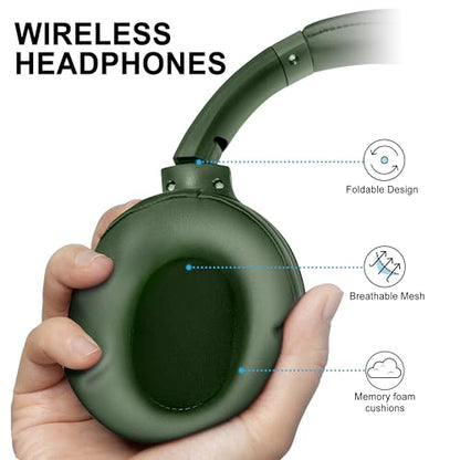 Fisher Pro Active Noise Cancelling Headphones,Over-Ear Headphones Wireless | Bluetooth 5.3, Microphone, Lightweight Comfortable Headset for Home, Travel, Rechargeable Workout Headphones, Deep Base - color: Dark Green