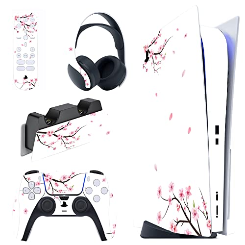PlayVital Skin Decal for ps5 Console Disc Edition, Full Set Sticker Wrap Vinyl Decal Cover for ps5 Controller & Charging Station & Headset & Media Remote - Falling Cherry Blossom - color: Falling Cherry Blossom