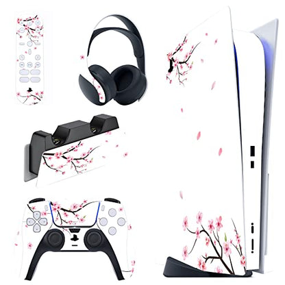 PlayVital Skin Decal for ps5 Console Disc Edition, Full Set Sticker Wrap Vinyl Decal Cover for ps5 Controller & Charging Station & Headset & Media Remote - Falling Cherry Blossom - color: Falling Cherry Blossom