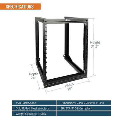 Tecmojo 15U Wall Mount Server Rack, Open Frame Network Rack for 19" Computer/AV/Data/IT/Media Equipment, 24" Depth, 16" Apart Mounting Holes, Swing Gate, Square and Tapped Holes - size: 15U/24" Depth (New)