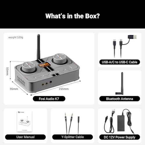 Fosi Audio K7 DAC Headphone Amp, Desktop USB C Digital to Analog Audio Converter for Workspace and Gaming PC PS5, Optical/Coaxial/Bluetooth aptX HD LL/Microphone Input, 3.5mm/4.4mm Balanced/RCA Output - color: Sliver