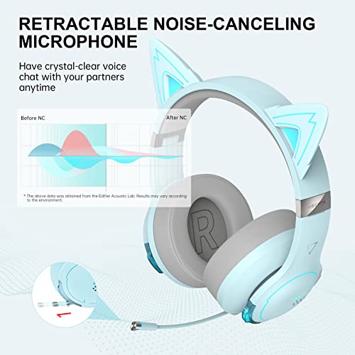 Edifier G5BT CAT Wireless Bluetooth Gaming Headset with Mic, Wired Cat Ear Headphones, Over Ear Headphones with Detachable Cat Ear, RGB Light, for PC, PS5, PS4, Nintendo Switch(Sky Blue)