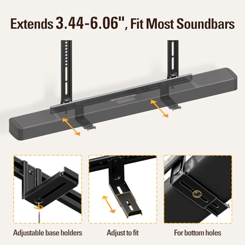 Mounting Dream Soundbar Mount, Heavy Duty Soundbar TV Bracket up to 26.5lbs | Sound Bar Mount for Soundbars with/ without Holes, Height & Level Adjustment, No-Slip Base Holder Extends 3.44”-6.06”, MD5428 - size: Soundbar Mount Up to 26.5 lbs