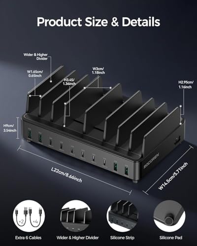 Rocoren 400W 10‑Port Charging Station,Dual PD 100W Dock w/ 6 Cables | Multi‑Device Fast Charging Organizer Dock,Works for MacBook,iPad,iPhone,Cell Phone,Tablet and Other Electronic Devices
