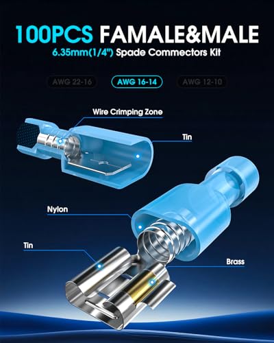 50 Pcs Electrical Male& Female Spade Connectors, 22-16 16-14 12-10 AWG Gauge Wire Connectors Nylon Fully Insulated Spade, Terminal Connectors Quick Disconnect for Speak