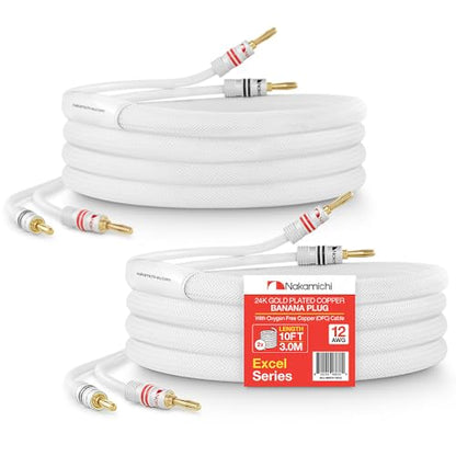 Nakamichi 24k Gold Plated Banana Plugs Speaker Cables 99.9% OFC (10 Feet) | Oxygen-Free Copper, Excel Series, Amplifier Heavy Duty Braided In-Wall CL2 Rated Wires - White (12AWG / 10ft / 3.0m) 2-Pack - color: White, size: 12 AWG (10-Feet)