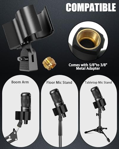Upgraded Microphone Clip Holder, Universal Adjustable Microphone Holder for All Microphones Size at 32mm-60mm, with 5/8" to 3/8" Screw Adapter - 2 Pack