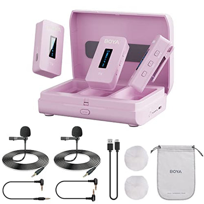 BOYA BY-XM6-K2P Dual Wireless Lavalier Microphone System with 2 Transmitters for DSLR Camera Camcorder Smartphones in Vlog YouTube Video Facebook Live (Pink)