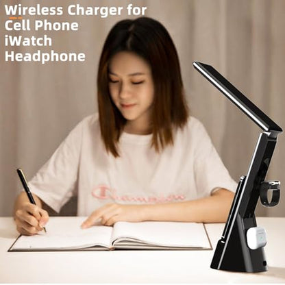 IHAO 6in1 Multifunctional Foldable LED Desk Lamp with Wireless Charger Digital Alarm Clock Eye-Care Lighting 3 Color Modes 15W Qi Charger for Phone/Headphones, Apple Watch Compatible-Black - color: Table Lamp Black