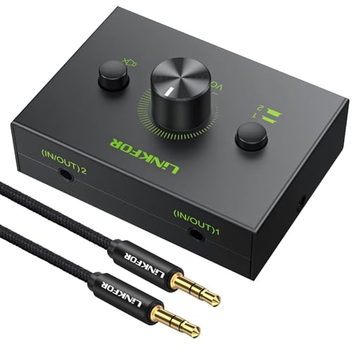 LiNKFOR 2 Port 3.5mm Stereo Audio Switch, 2 in 1 Out & 1 in 2 Out | Equipped with 3.5mm cable, built-in mute button, plug and play, works with laptop, PC, headphone and CD player - size: 2 Ports 3.5mm