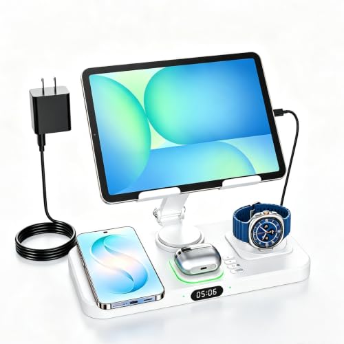 6 in 1 Charging Station for Samsung Multiple Devices, Foldable Wired Charging Stand for iPad/Tab with Clock & Light, Charger for S26/S25 Ultra/Z Fold 7 & Buds, Only for Galaxy Watch(White) - color: White