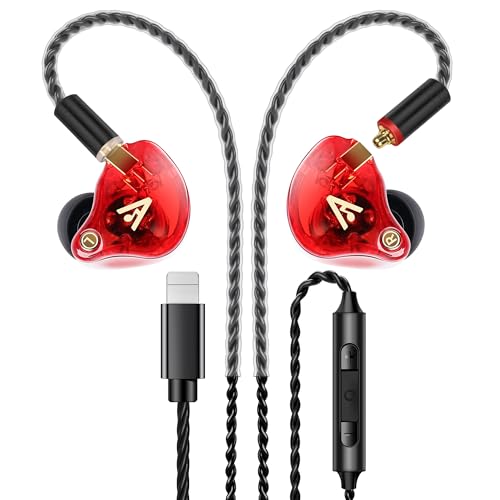 Audiovance Vibes 202ML HiFi 유선 이어버드, 아이폰 14/13/12/11/X, 프로 맥스용 | 마이크가 있는 인이어 헤드폰, 선명한 사운드, 딥 베이스, 소음 차단 이어버드, 실버 도금 코드, 편안한 핏, 케이스 - color: 3-레드