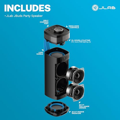 JLab, JBuds Party, Portable Bluetooth Speaker, IP56 Waterproof, Multi-Speaker Connect, RGB Lighting, Black - color: Black
