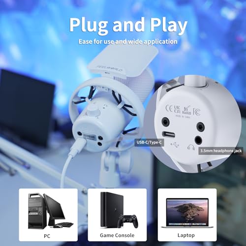 FEELWORLD White USB Gaming Microphone VM1, Noise Cancellation RGB Mic with Mute Button for PC PS5, Desktop USB Microphone for Streaming & Gaming, White Computer Accessory