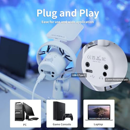 FEELWORLD White USB Gaming Microphone VM1, Noise Cancellation RGB Mic with Mute Button for PC PS5, Desktop USB Microphone for Streaming & Gaming, White Computer Accessory