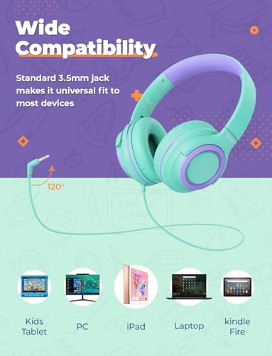 iClever HS22 2-Pack Kids Headphones with Sharing Splitter for School Travel | SafeSound Tech3.0, Share Audio, Tangle-Free, 3.5mm Jack, Foldable, Stereo Sound, Wired Headphones for Kids, Green & Blue - color: Green & Blue