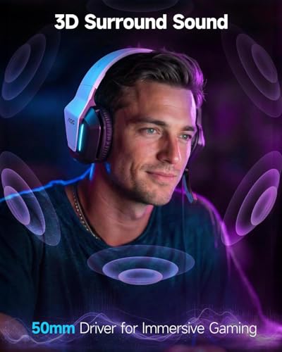 AOC Wired Gaming Headset, Headphones for Xbox Series PS5 PC Switch, White | Surround Sound, Noise Canceling Over-Ear Gaming Mic, RGB Lights, 50mm Drivers, 3.5mm Jack - color: White