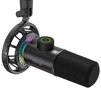 FIFINE K658 USB Gaming Dynamic Microphone with Quick Mute for PC Streaming | Gain Control, Headphone Jack, Cardioid Pickup, RGB Control, Shock Mount, for PS5 Streaming Podcast Twitch YouTube Discord