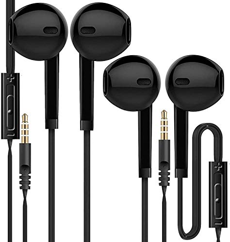 Earphones with Microphone, In-Ear Stereo Audio Earphone Earbuds, Slide Bar Volume Controller, Wired PC Gaming 3.5mm Headphones, Upgraded, 2-Pack (Black)