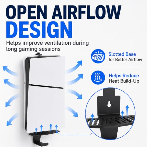 Heavy-Duty Steel Wall Mount Kit Compatible with PS5 Slim, Pro and Original | Secure EVA-padded support, complete install kit, easy setup, open airflow, holders for 2 controllers and headset - color: Black