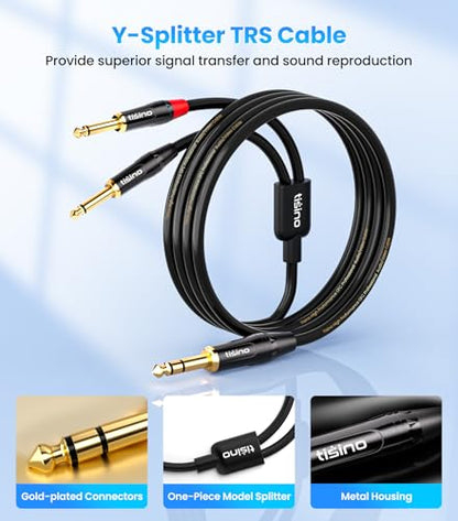 tisino 1/4 inch TRS Stereo to Dual 1/4 inch TS Mono Insert Cable Y-Splitter Stereo Breakout Cable Patch Cord - 3.3 feet | 1/4"（6.35mm） TRS Stereo Jack to Dual 1/4"（6.35mm） TS Mono Y-Splitter Aux Lead for Mixer & Studio, Gold-Plated OFC - size: 3.3 feet