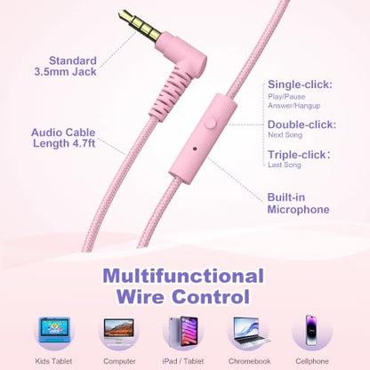 AILIHEN I35 Kids Headphones for School with Mic, 93dB Safe Volume, Lilac | Wired On Ear Headphones for Kids Girls, Foldable Lightweight Headphone for Classroom Learning & Entertainment Travel Computer - color: Lilac Pink