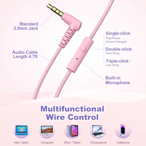 AILIHEN I35 Kids Headphones for School with Mic, 93dB Safe Volume, Lilac | Wired On Ear Headphones for Kids Girls, Foldable Lightweight Headphone for Classroom Learning & Entertainment Travel Computer - color: Lilac Pink