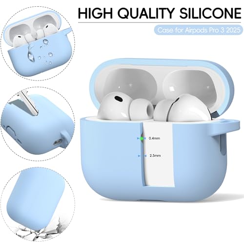 RFUNGUANGO AirPods Pro 3 Case Silicone Protective Cover, Sky Blue | Compatible with AirPods Pro 3rd Generation, Wireless Charging Compatible with Cleaning Kit & Keychain - color: B-Sky Blue, size: AirPods Pro 3 Case