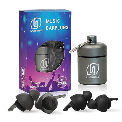 LYSIAN High Fidelity Concert Ear Plugs, 23dB, 2 Pairs with Case, Black | Reusable soft musician earplugs for concerts, festivals & raves; 23dB noise reduction, 2 pairs with aluminum case - color: Black