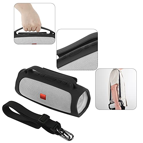 Silicone Case for JBL Charge 4 Portable Waterproof Speaker, Travel Carrying Case Protective Pouch Cover with Handle Adjustable Shoulder Strap and Phone Holder Stand (Black) - color: Black