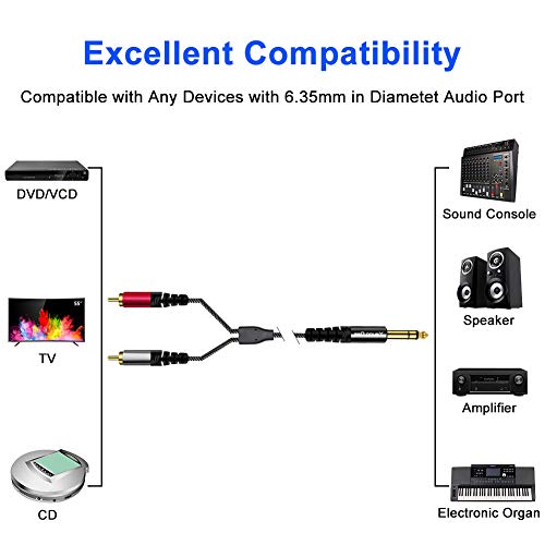 6.35 mm to 2RCA Cable 6 ft,Yeung Qee 6.35mm 1/4 inch Male TRS Stereo Plug to RCA Male Audio Y Splitter Cable Insert Cord (6FT/2M) - size: 6FT/2M